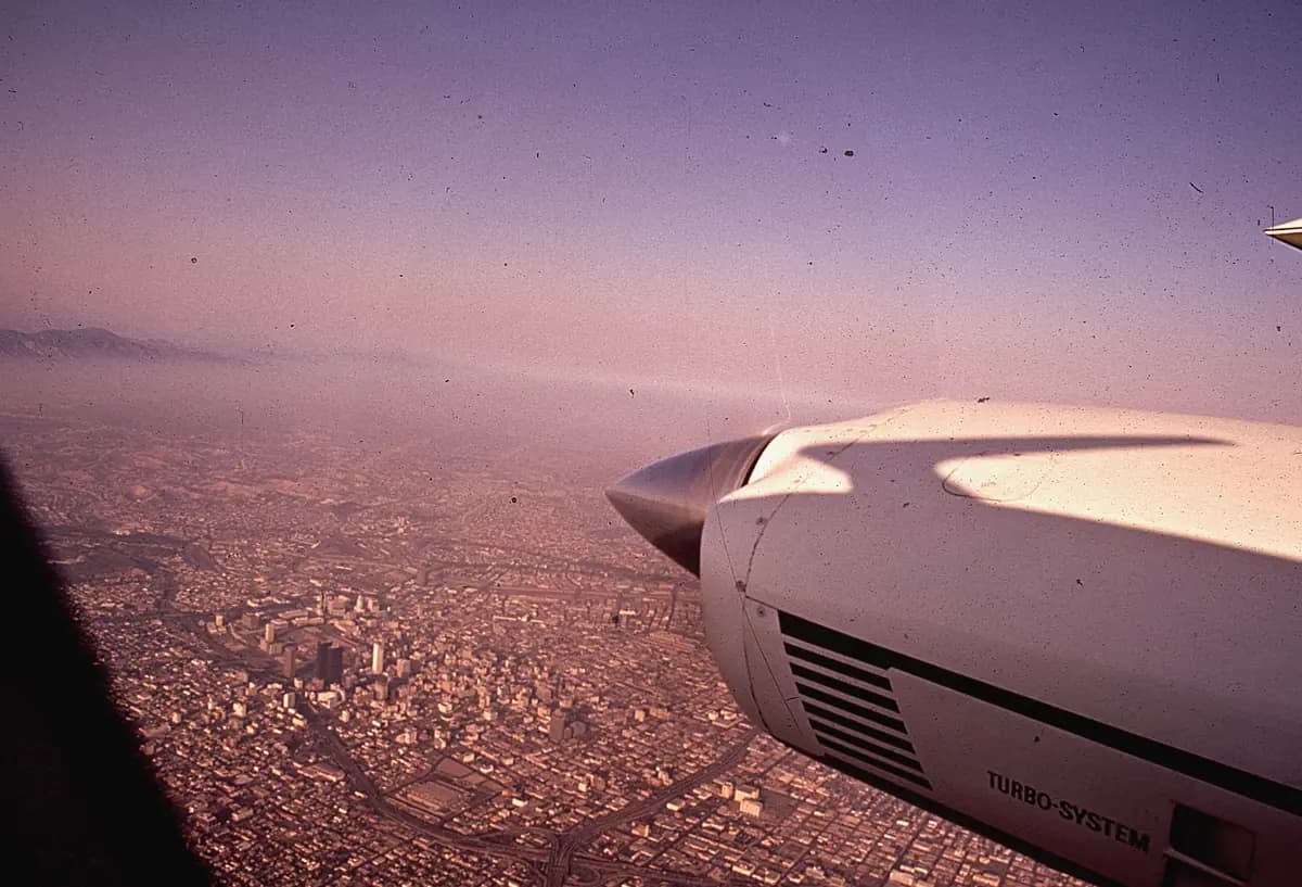 Smog over Los Angeles photographed from an air monitoring plane in 1972, from the EPA's Documerica project