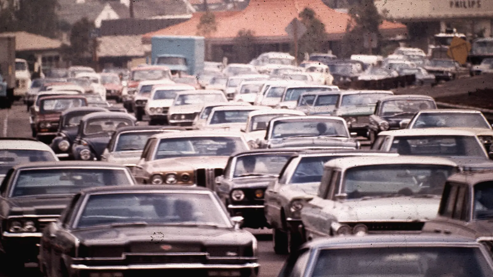 Dense traffic of 1960s and 1970s cars on the Hollywood Freeway